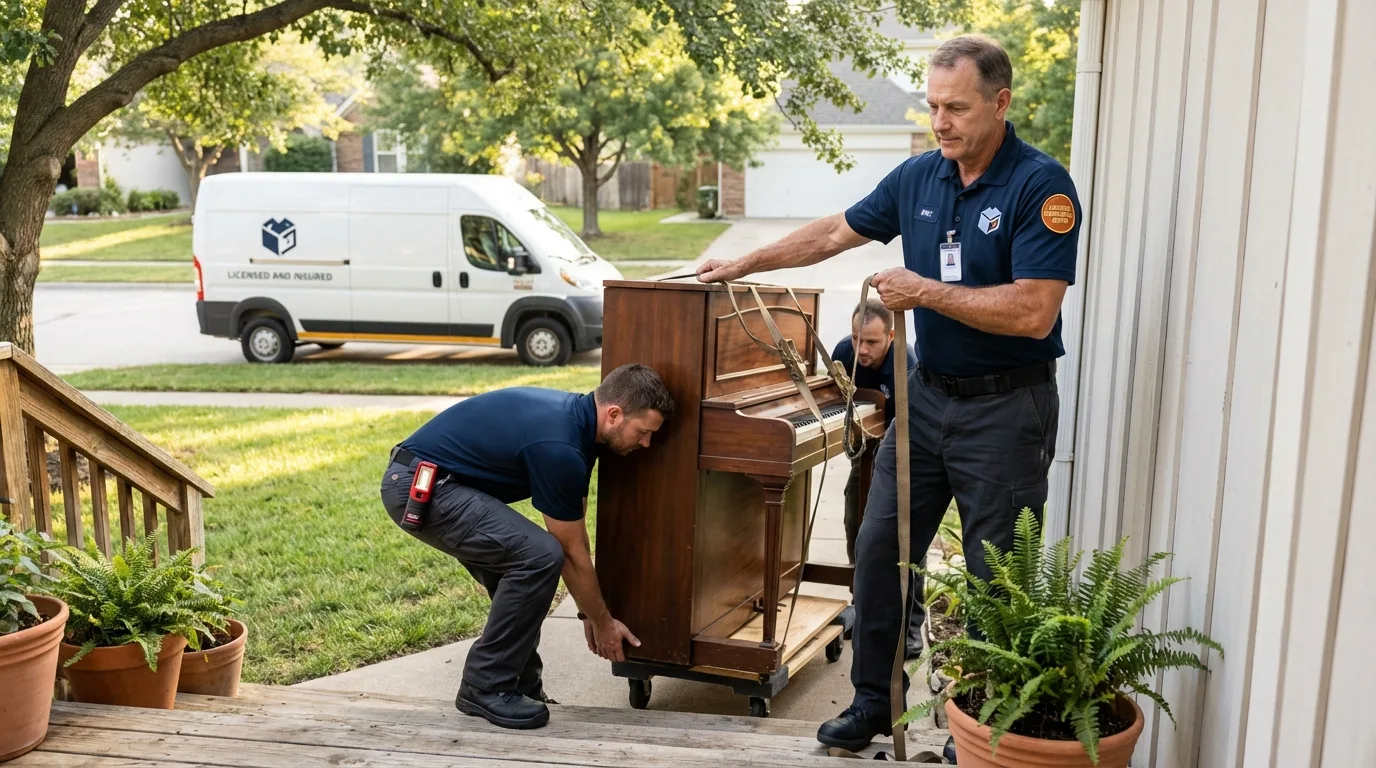 Licensed piano movers securing grand piano in Salem, NH