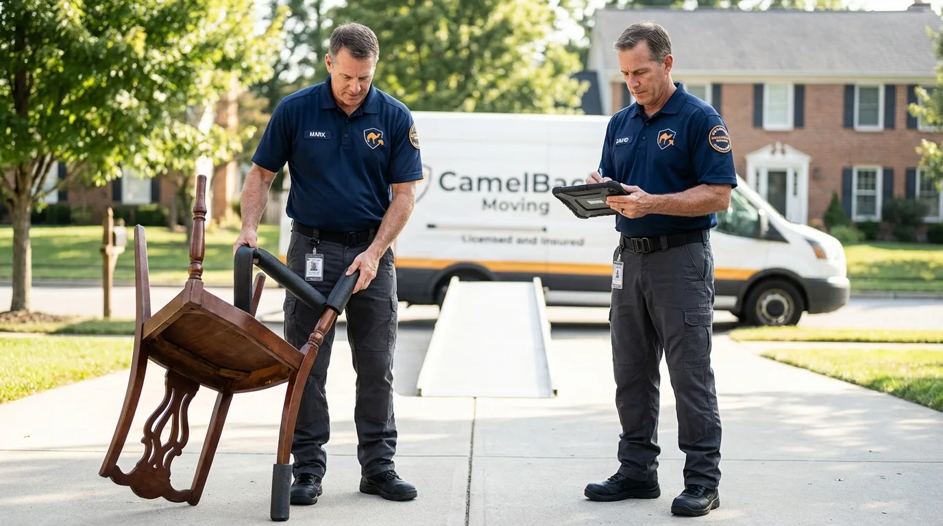Movers inspecting furniture for damage prevention before loading in Salem, NH