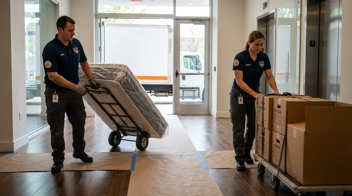 Professional apartment movers loading elevator in Salem, NH