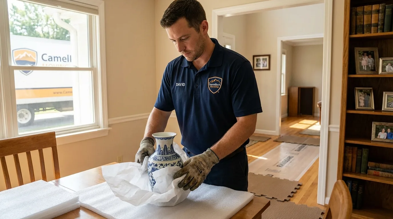 Professional crew carefully wrapping antique vase for senior downsizing move in Salem, NH