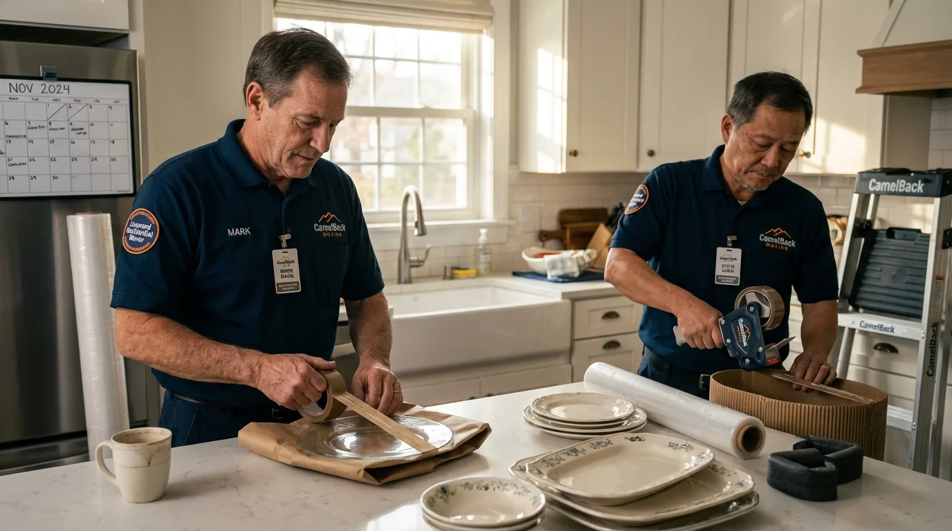 Professional crew packing kitchen dishware in Salem, NH